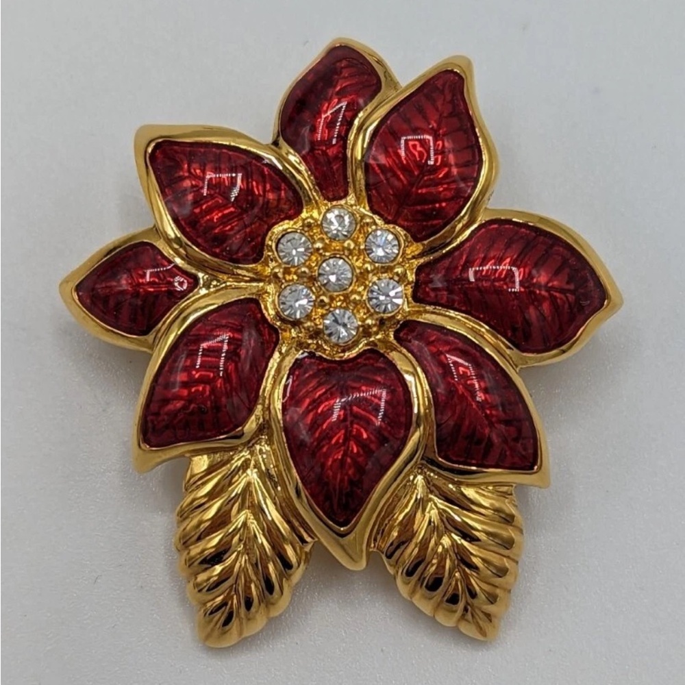 Monet Red and Gold Rhinestone Poinsettia Brooch - Picture 2 of 10